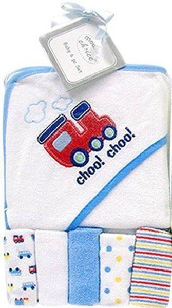 Picture of Hooded Towel With 5 Pc Facecloths Set - Blue Train