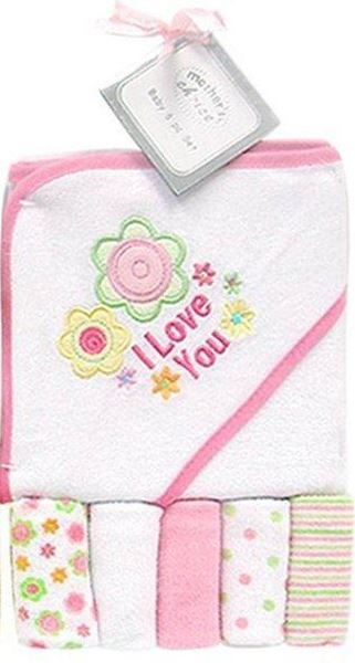 Picture of Hooded Towel With 5 Pc Facecloths Set - Pink Flower